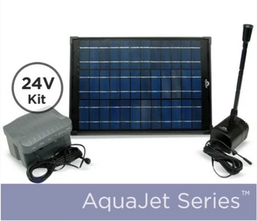 AquaJet Pro 24V solar water fountain pump kit with battery backup and 20W mono solar panel