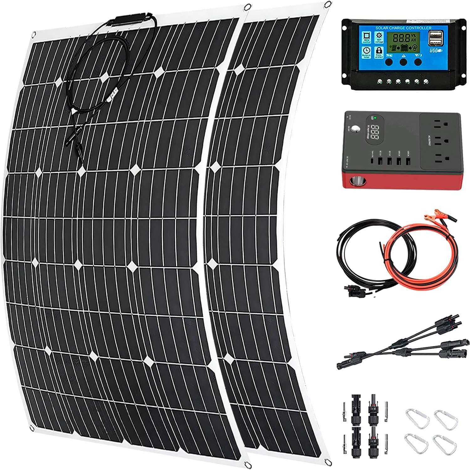 FE-FAITH 1000W Solar Panel Kit – 2x500W Flexible Monocrystalline Panels, 40A Charge Controller, Car Inverter for 12-24V Battery Charging