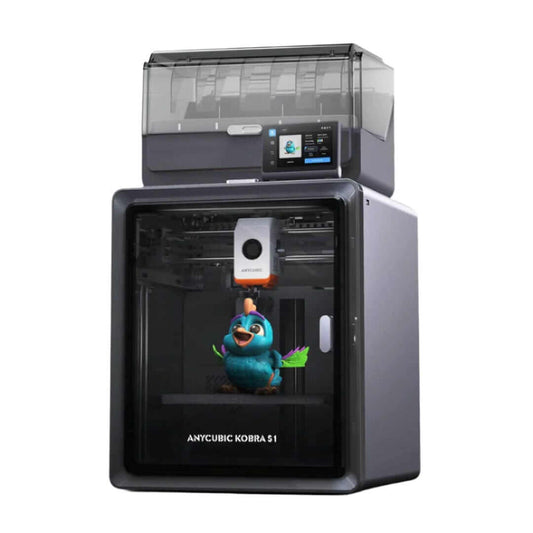 ANYCUBIC Kobra S1 3D printer showcasing a colorful bird model during the printing process.
