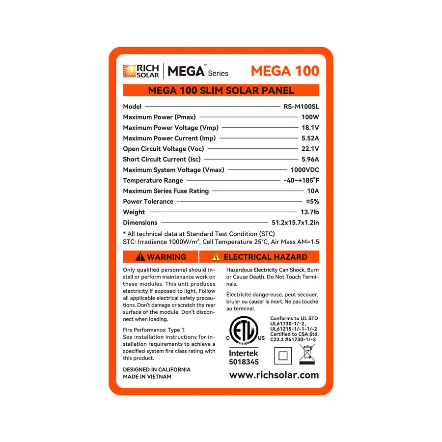 FE-FAITH MEGA 100 SLIM Solar Panel - 100W 12V Compact Narrow UL Certified