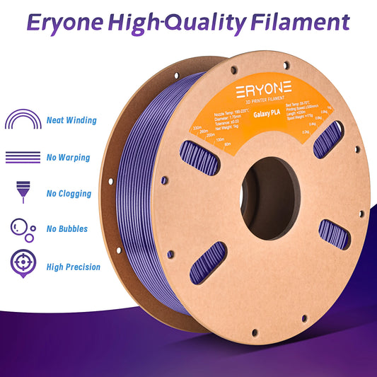 Eryone Galaxy PLA filament spool showcasing neat winding, no warping, no clogging, and high precision features.