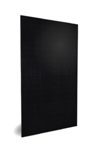 "Aptos DNA-144-MF26-440W 440W all black monocrystalline solar panel with black anodized aluminum frame, shown in pallet quantity of 31 panels"

