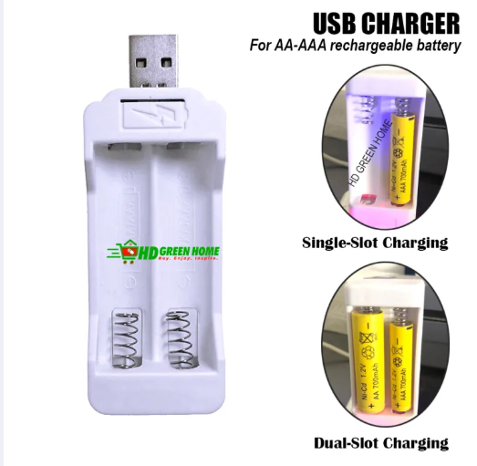 USB double-slot battery charger for AA AAA NiMH NiCd rechargeable batteries white